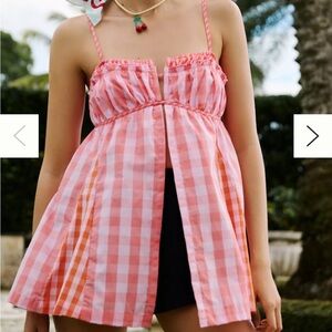 By Anthropologie Shirred Curtain Tank Pink and Orange Plaid Size XL